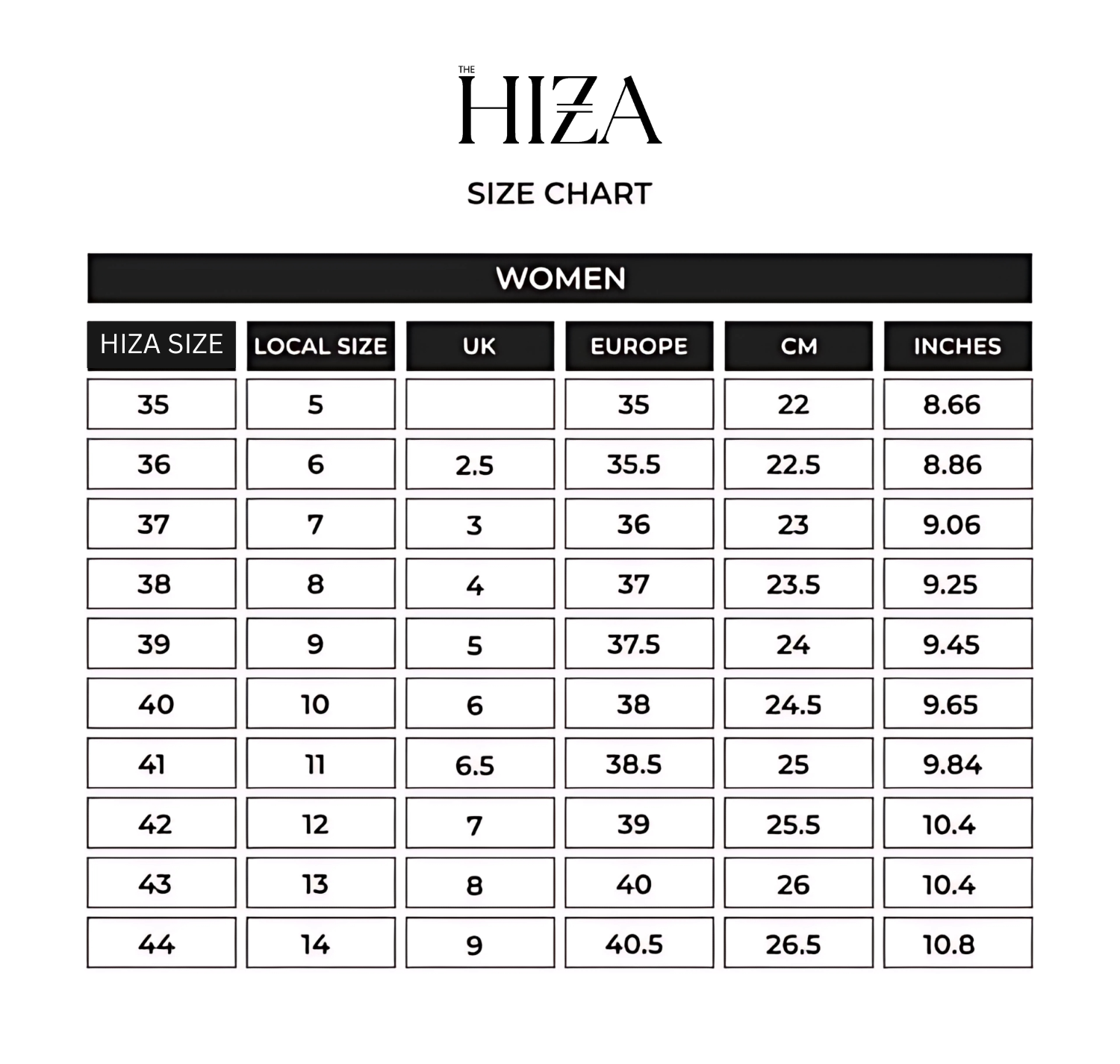 Hiza Size Chart